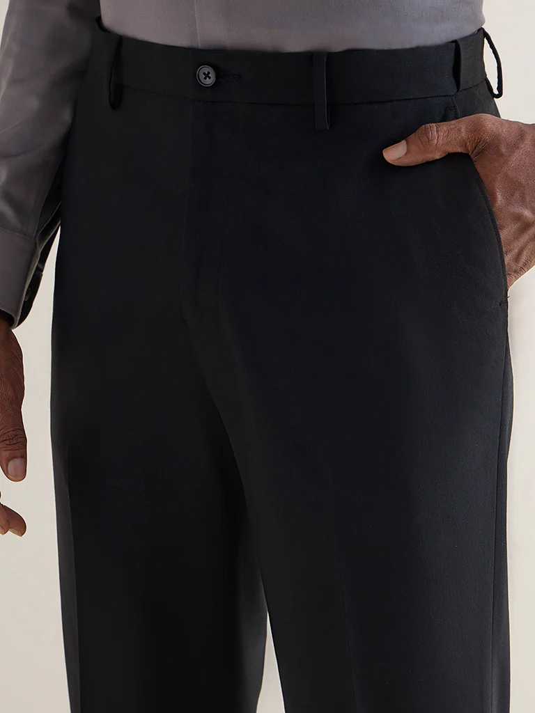 WES Formals Black Solid Relaxed-Fit Mid-Rise Trousers - Image 3