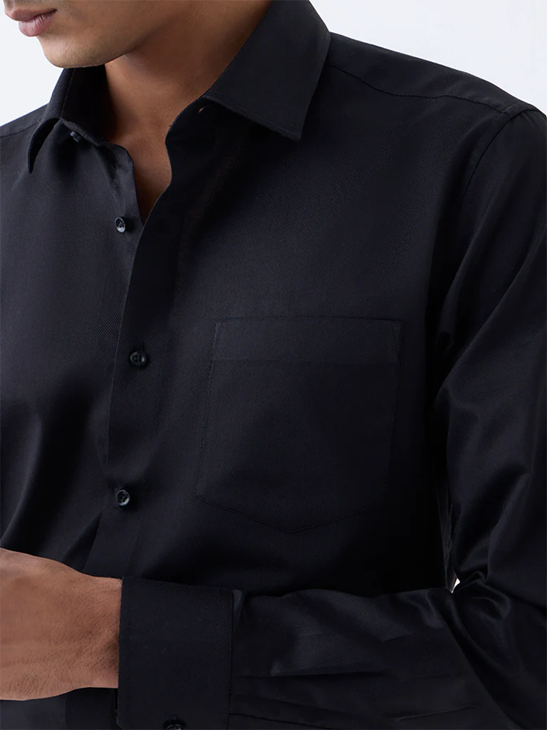 WES Formals Black Solid Slim-Fit Cotton Shirt - Image 2