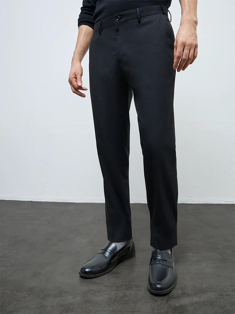 WES Formals Black Solid Slim-Fit Mid-Rise Trousers - Image 3