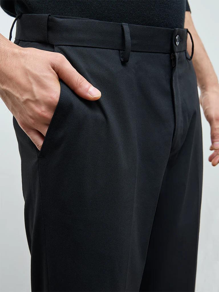 WES Formals Black Solid Slim-Fit Mid-Rise Trousers - Image 4