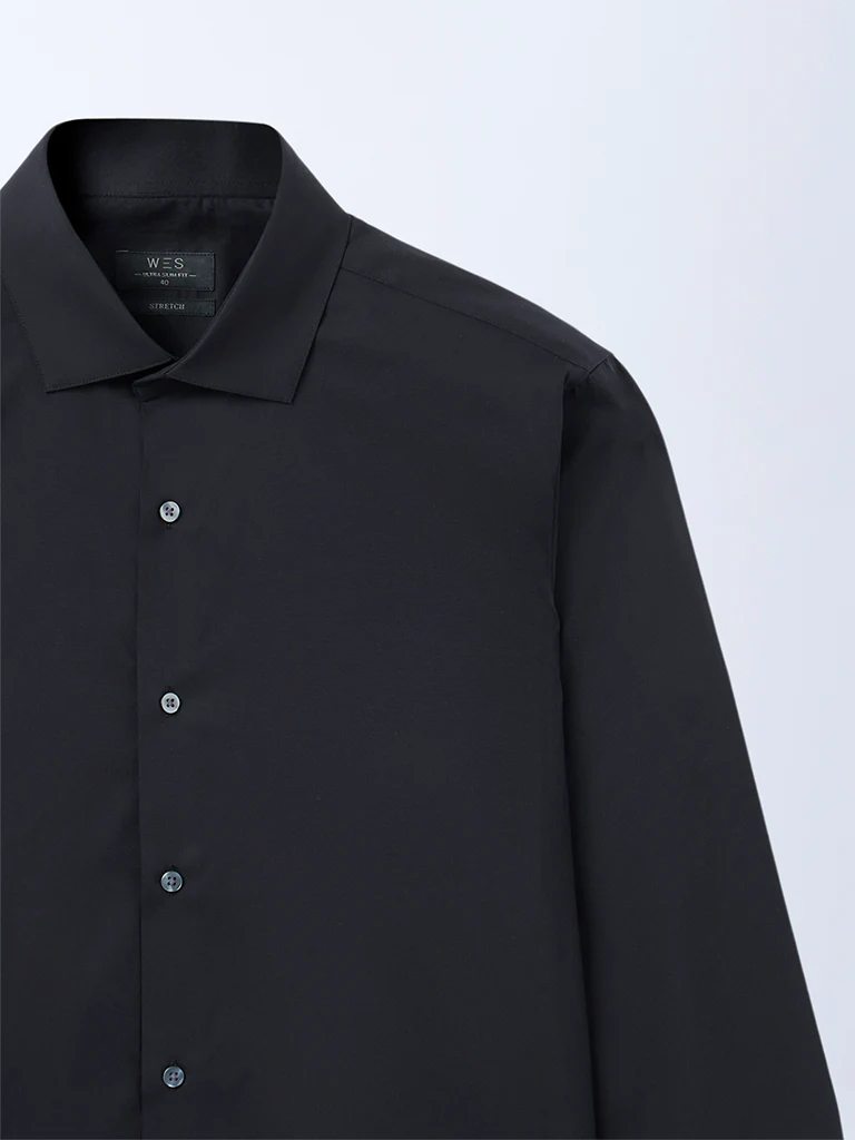WES Formals Black Solid Ultra-Slim Fit Cotton Shirt - Image 3