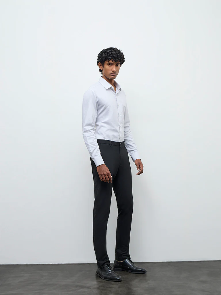WES Formals Black Solid Ultra Slim Fit Mid-Rise Trousers