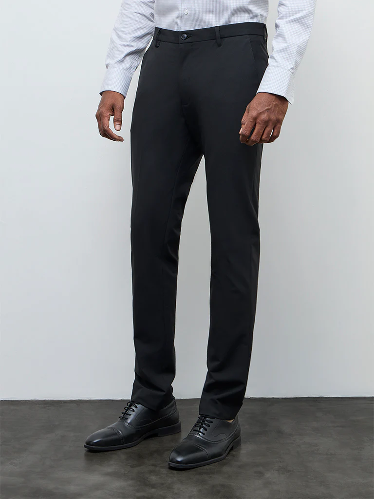 WES Formals Black Solid Ultra Slim Fit Mid-Rise Trousers - Image 2