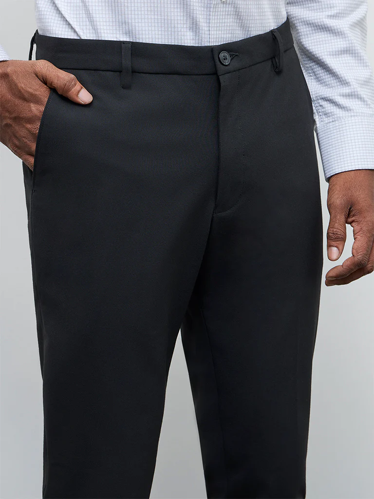 WES Formals Black Solid Ultra Slim Fit Mid-Rise Trousers - Image 3