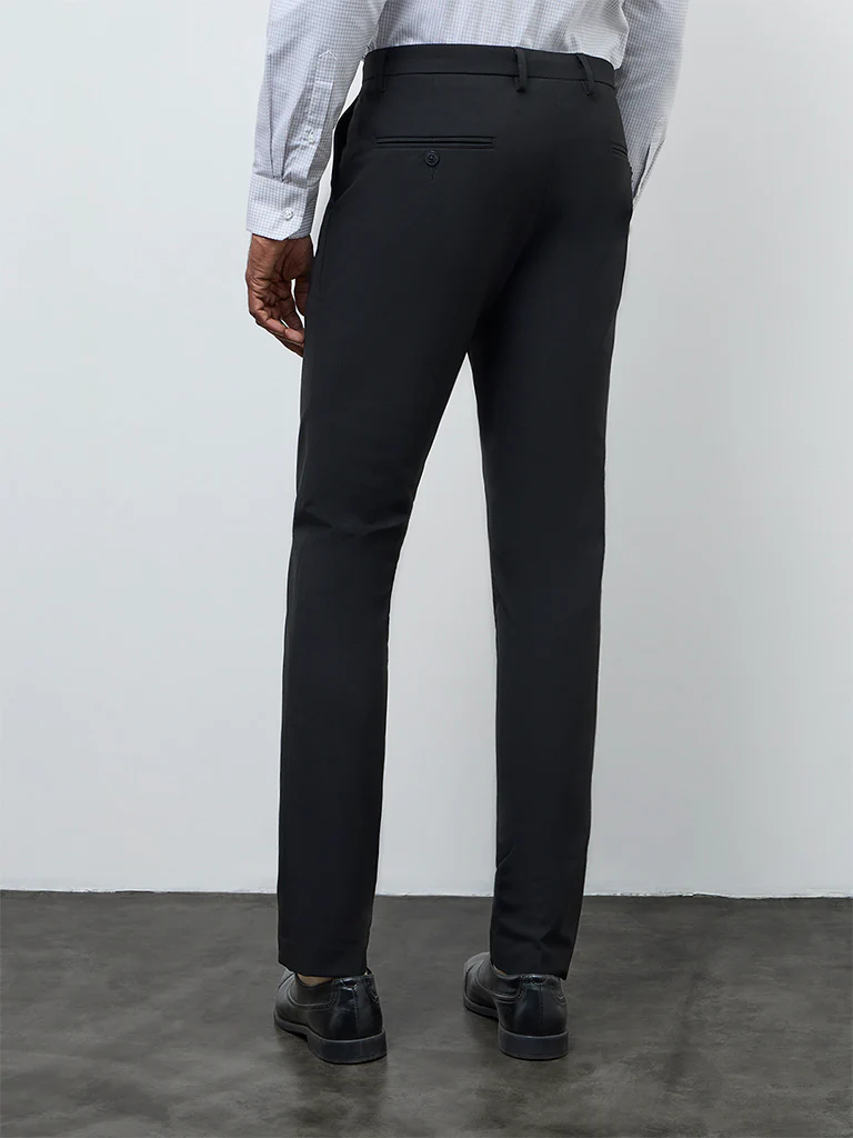 WES Formals Black Solid Ultra Slim Fit Mid-Rise Trousers - Image 4