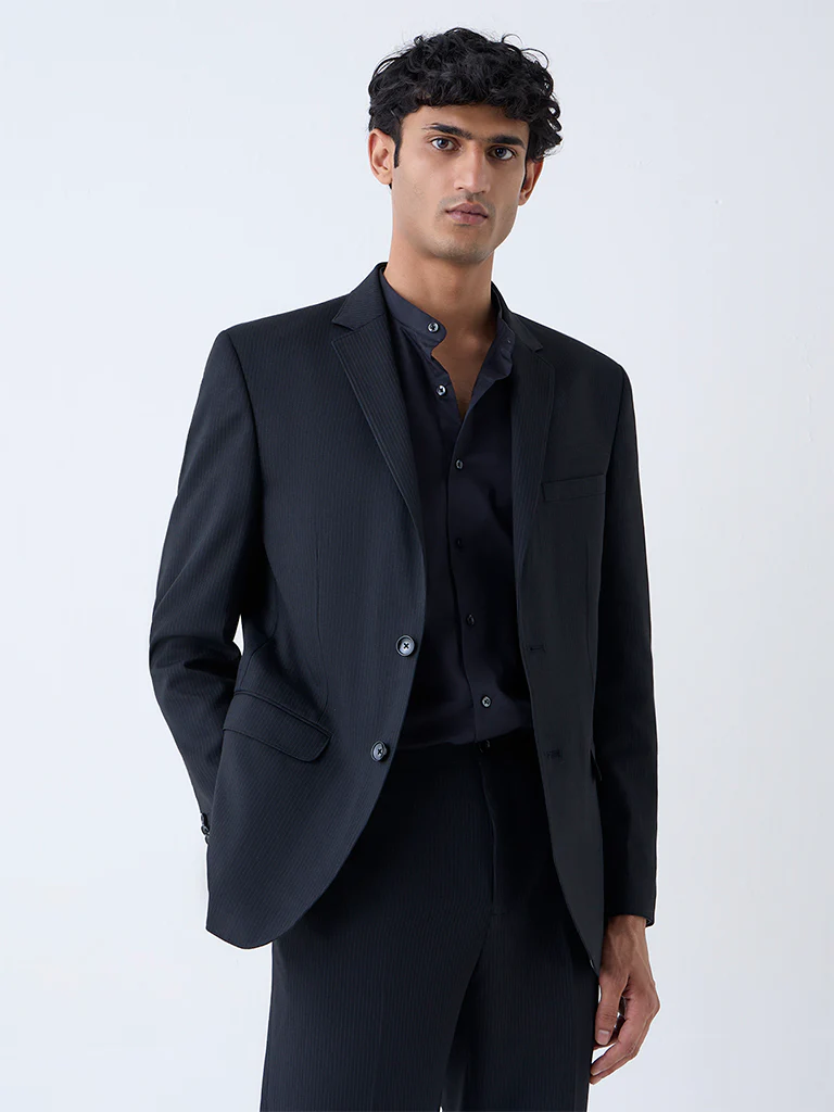 WES Formals Black Striped Slim-Fit Blazer