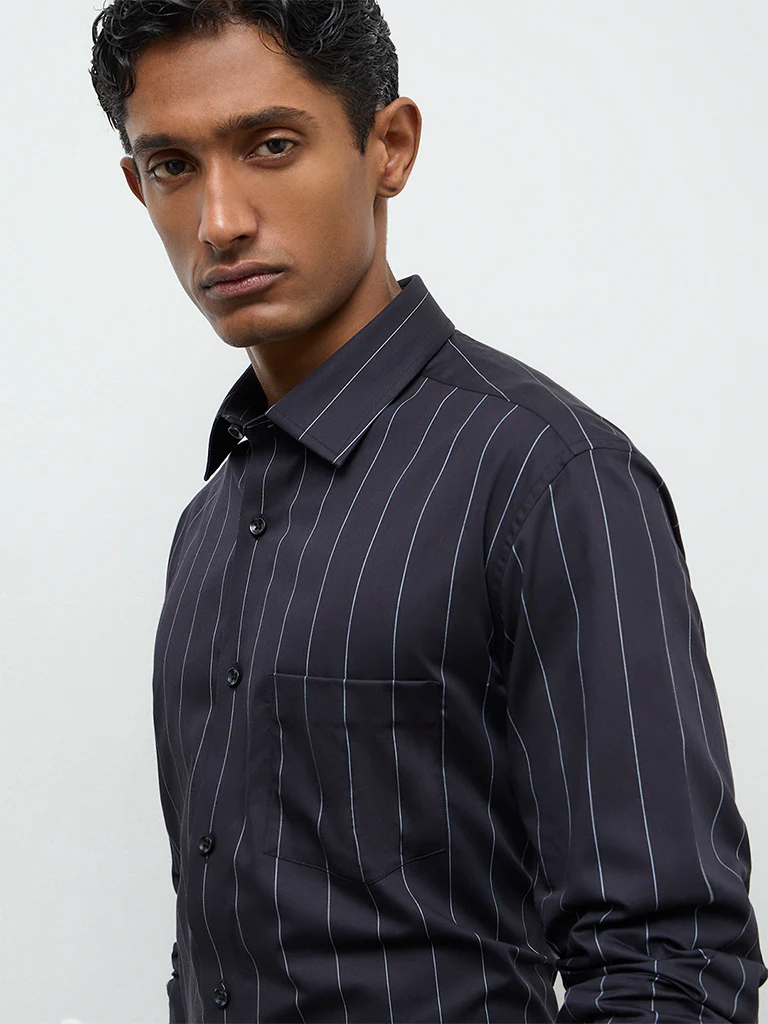 WES Formals Black Striped Slim-Fit Cotton Shirt - Image 3