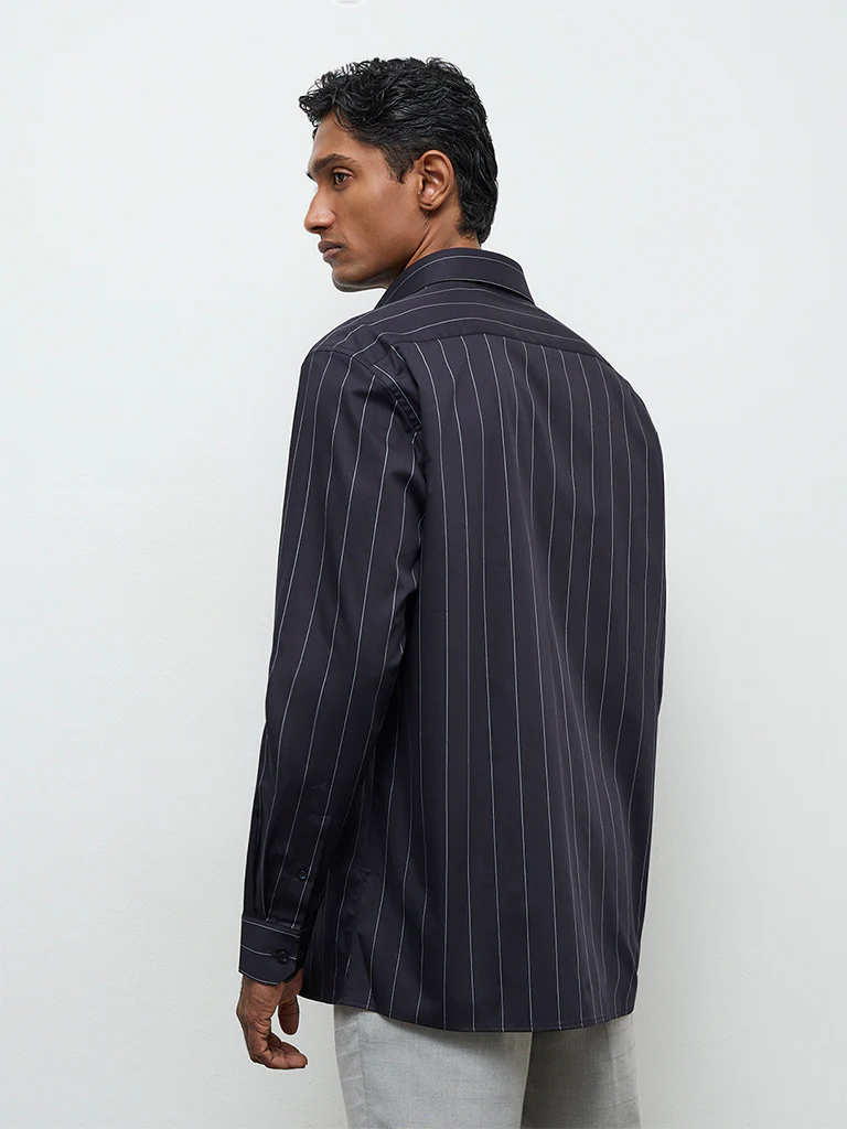 WES Formals Black Striped Slim-Fit Cotton Shirt - Image 4