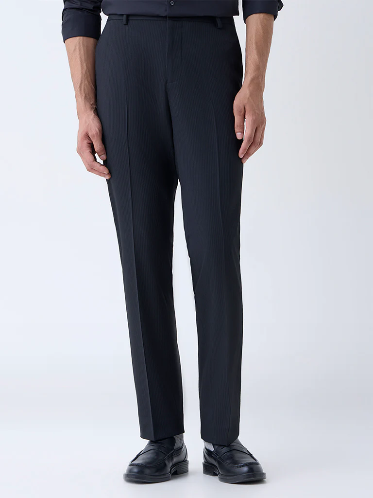 WES Formals Black Striped Slim-Fit Mid-Rise Trousers - Image 2