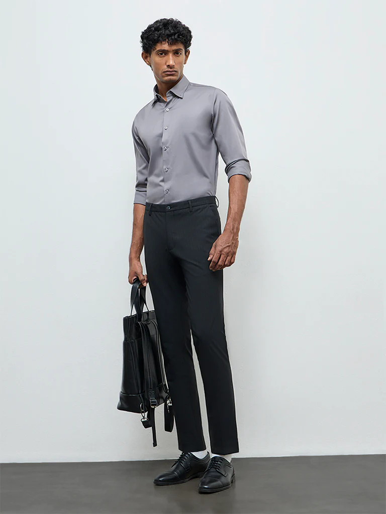 WES Formals Black Ultra-Slim Fit Mid-Rise Trousers