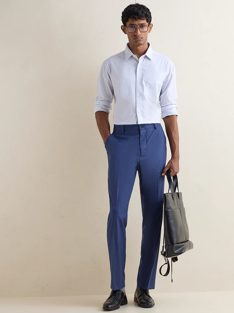 WES Formals Blue Checkered Relaxed-Fit Cotton Shirt - Image 2