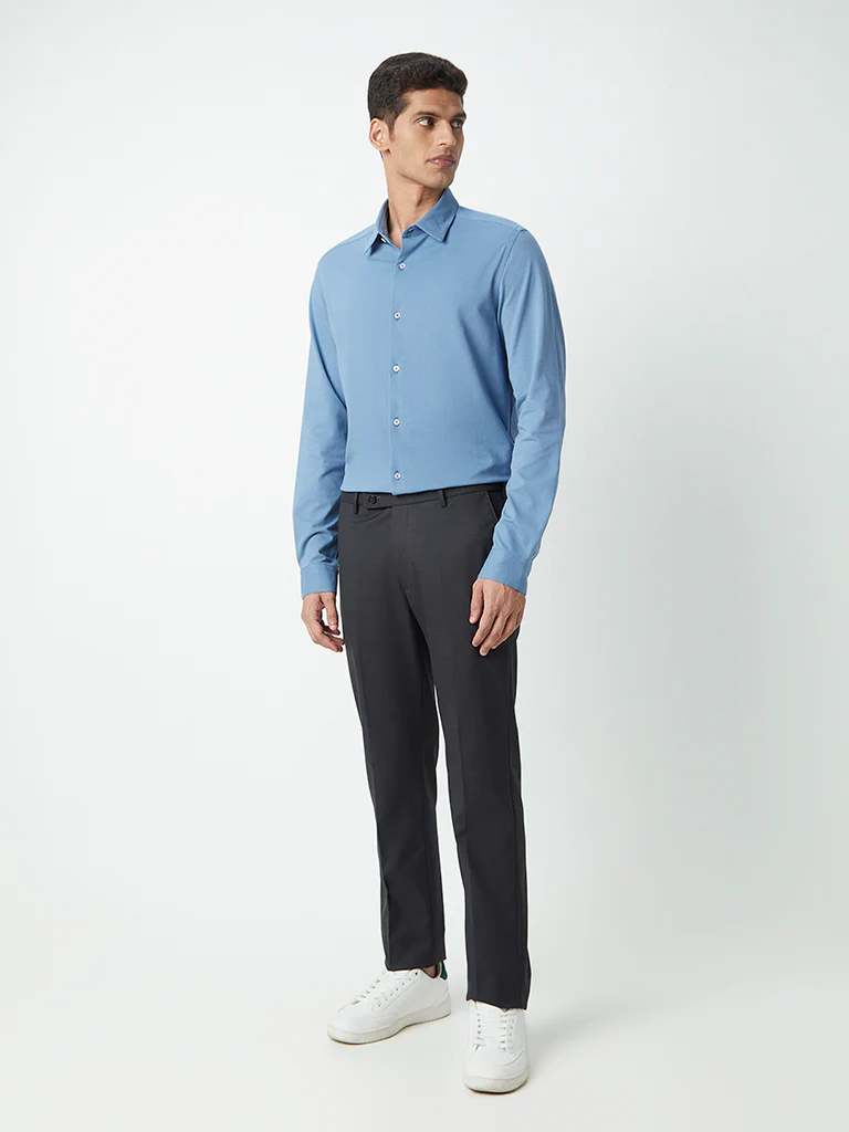 WES Formals Blue Self-Patterned Cotton-Blend Slim-Fit Shirt - Image 3