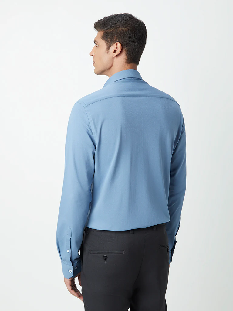 WES Formals Blue Self-Patterned Cotton-Blend Slim-Fit Shirt - Image 4