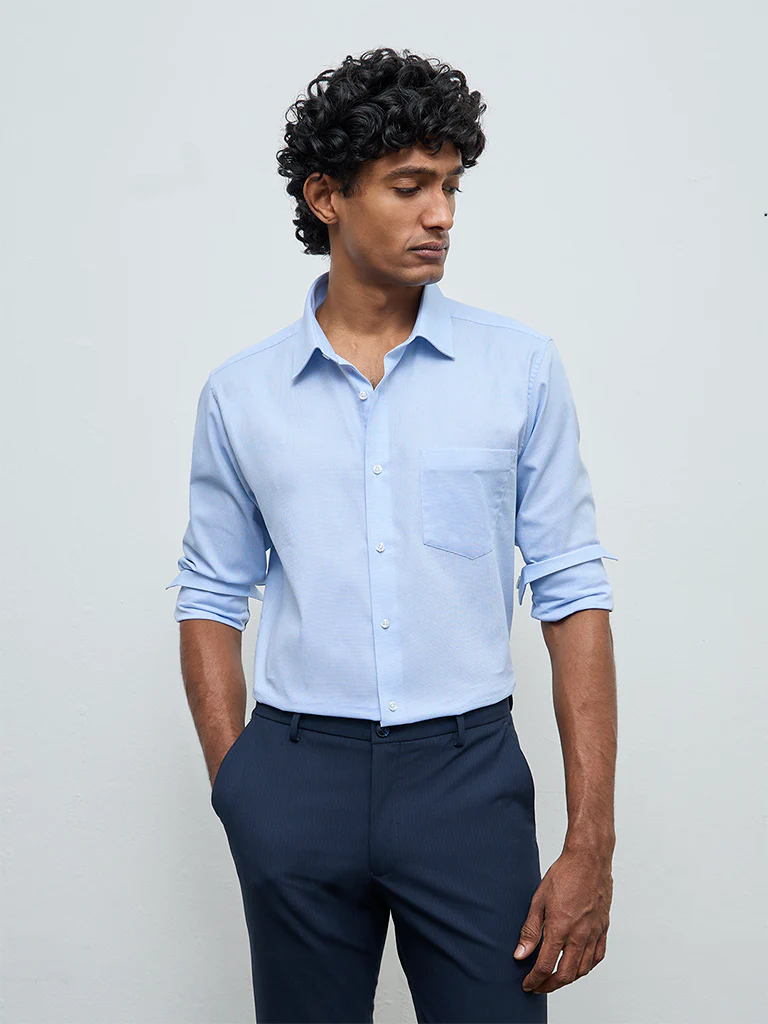 WES Formals Blue Slim-Fit Cotton Shirt