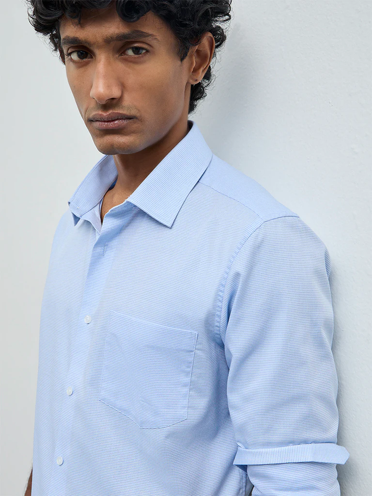 WES Formals Blue Slim-Fit Cotton Shirt - Image 3