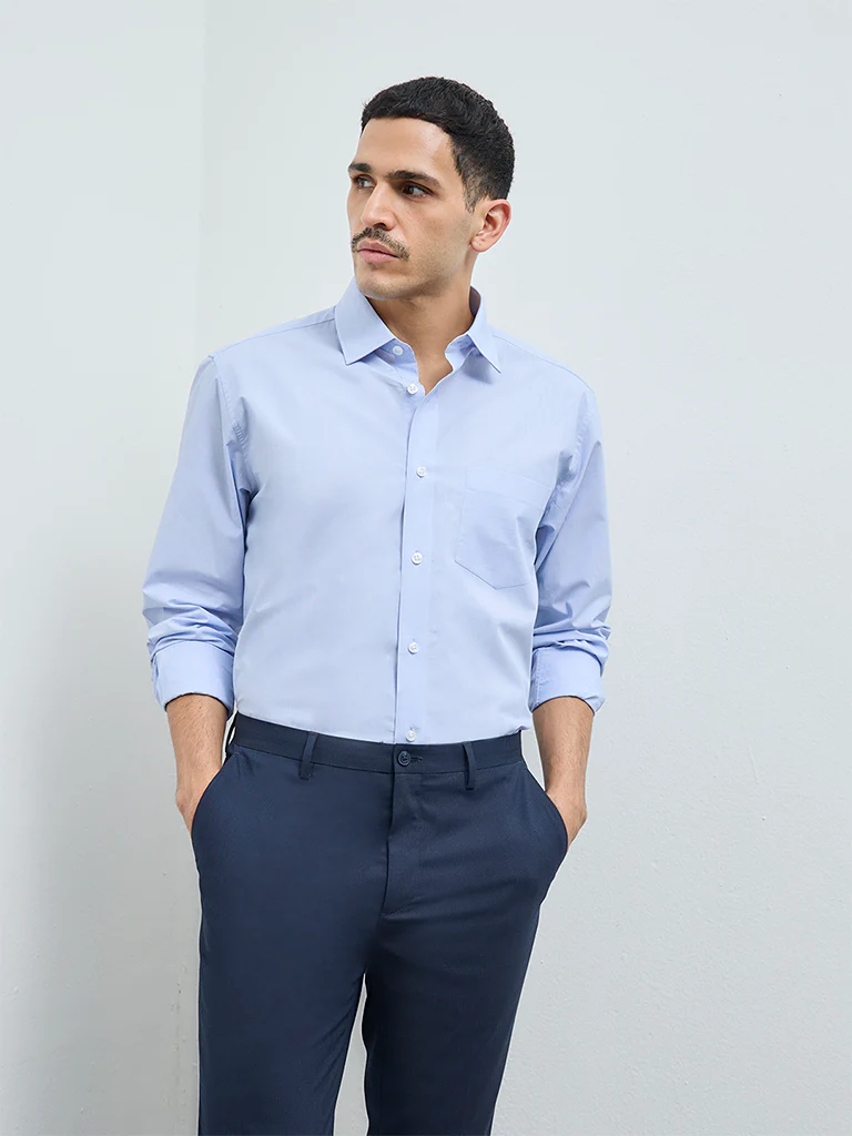 WES Formals Blue Solid Relaxed-Fit Cotton Shirt