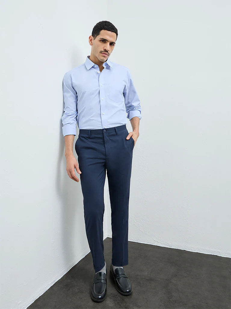 WES Formals Blue Solid Relaxed-Fit Cotton Shirt - Image 2