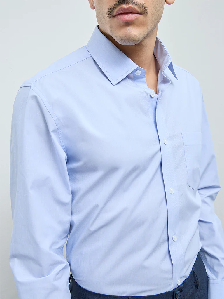 WES Formals Blue Solid Relaxed-Fit Cotton Shirt - Image 3
