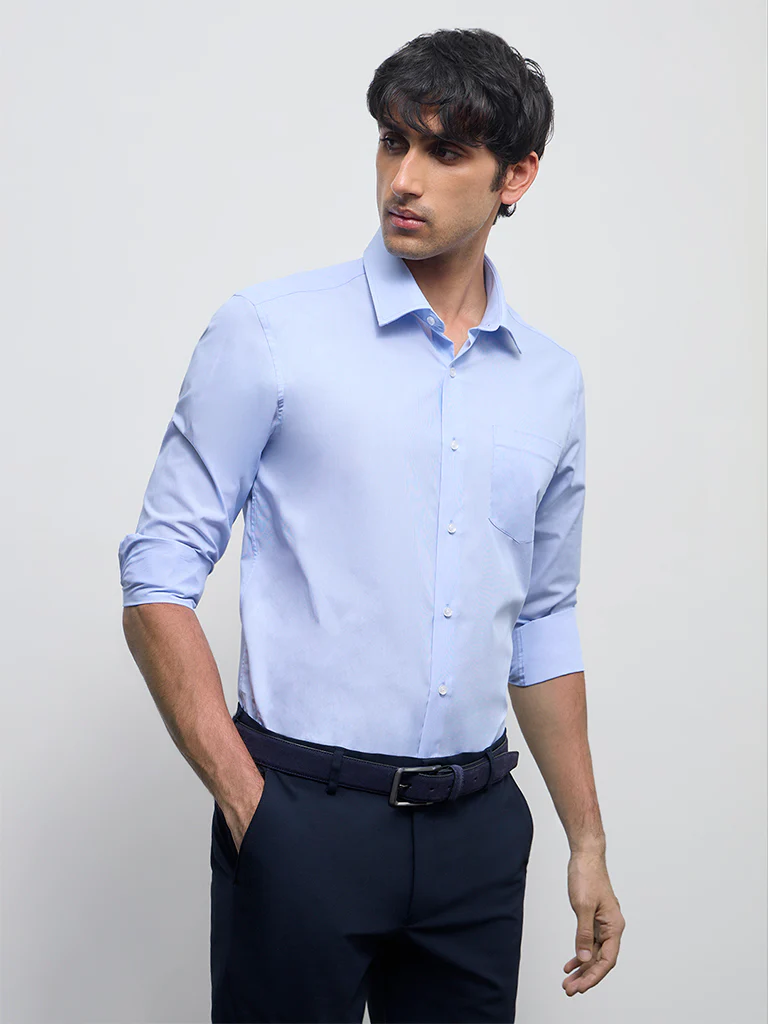 WES Formals Blue Solid Slim-Fit Cotton Shirt