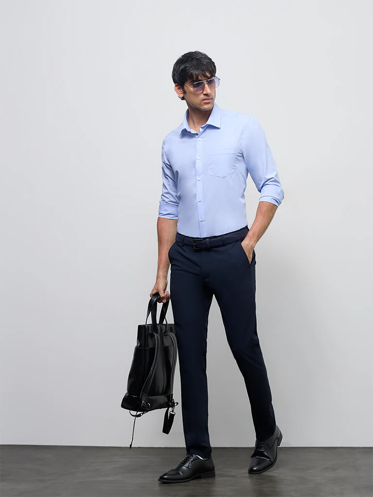 WES Formals Blue Solid Slim-Fit Cotton Shirt - Image 2