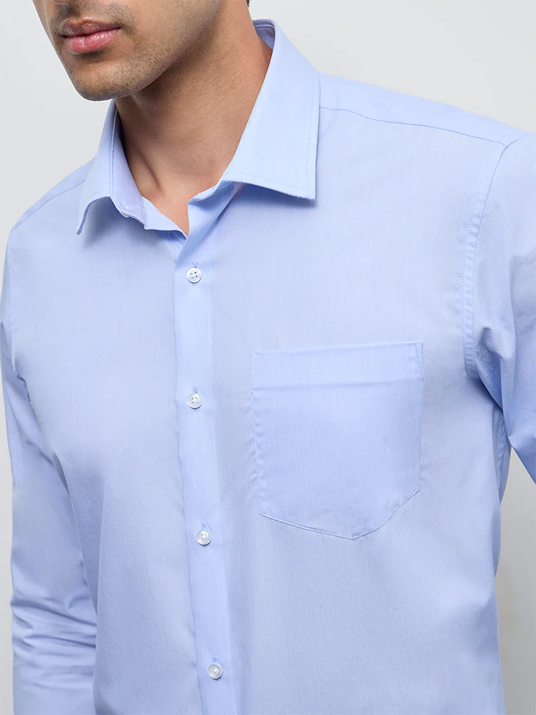 WES Formals Blue Solid Slim-Fit Cotton Shirt - Image 3
