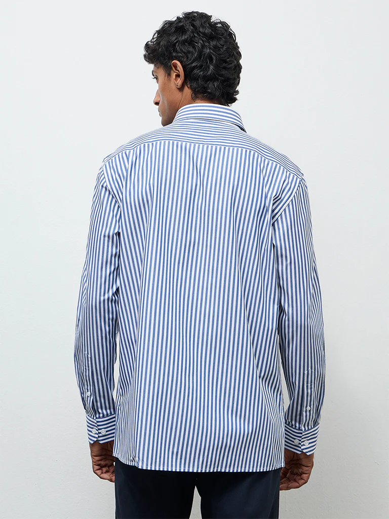 WES Formals Blue Striped Relaxed-Fit Cotton Shirt - Image 4