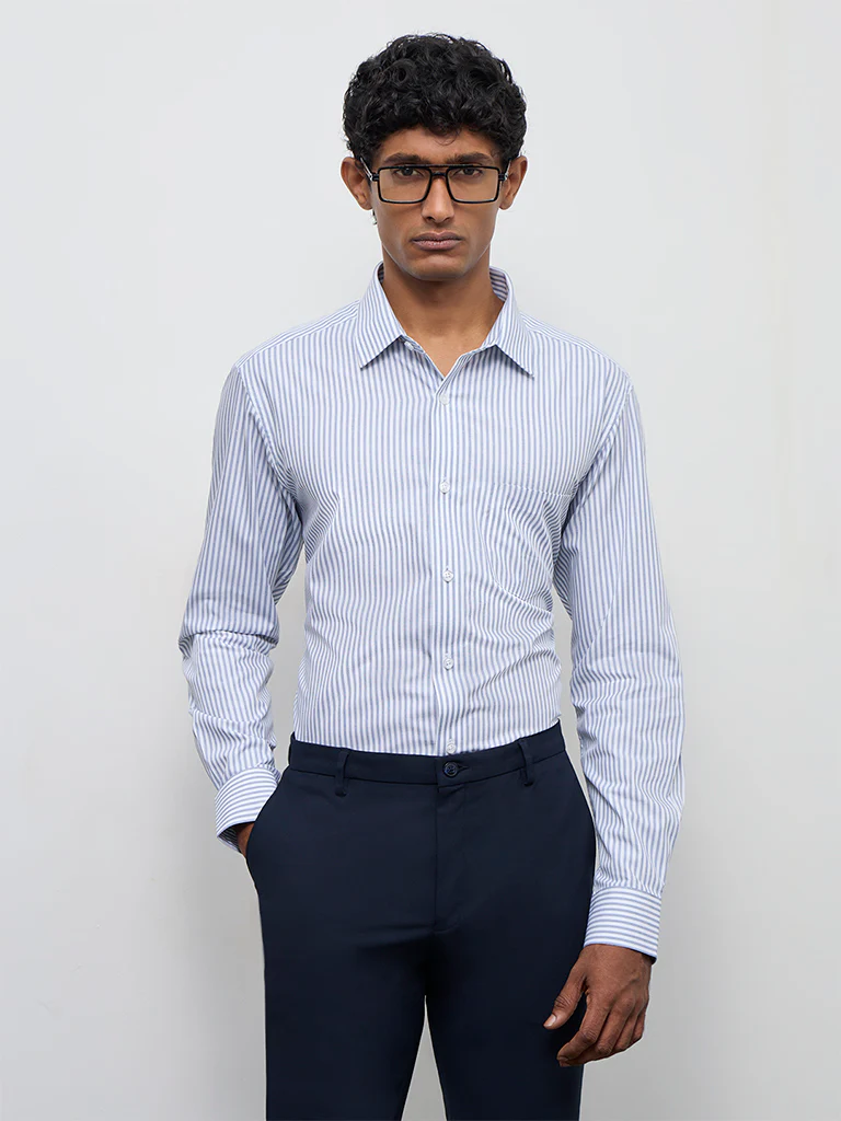WES Formals Blue Striped Relaxed-Fit Cotton Shirt