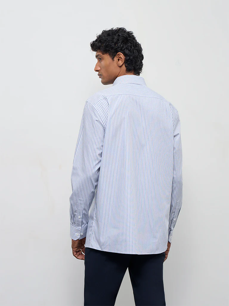 WES Formals Blue Striped Relaxed-Fit Cotton Shirt - Image 4