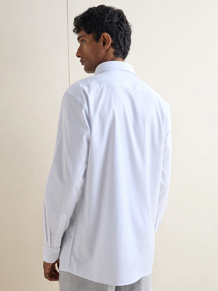 WES Formals Blue Striped Relaxed-Fit Cotton Shirt - Image 4