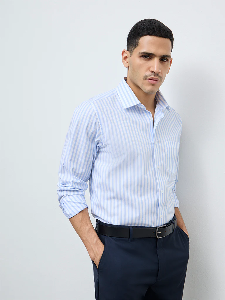 WES Formals Blue Striped Slim-Fit Cotton Shirt - Image 2