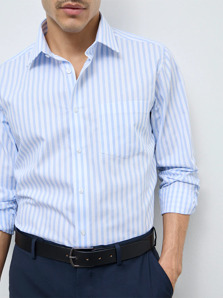 WES Formals Blue Striped Slim-Fit Cotton Shirt - Image 3