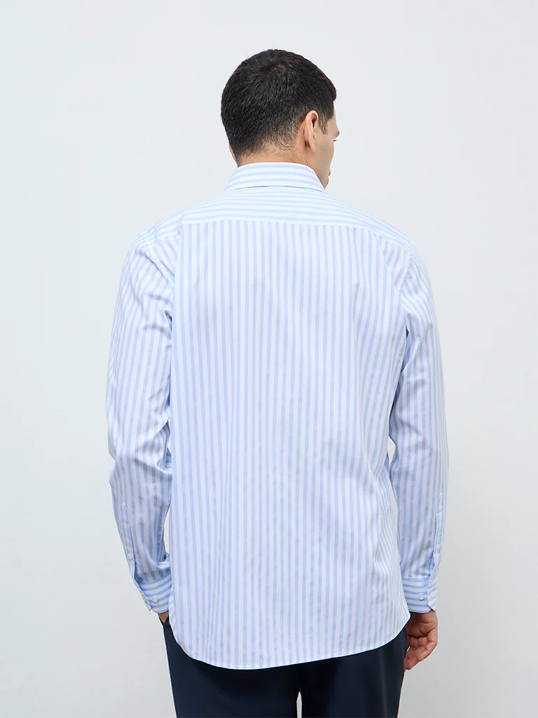 WES Formals Blue Striped Slim-Fit Cotton Shirt - Image 4