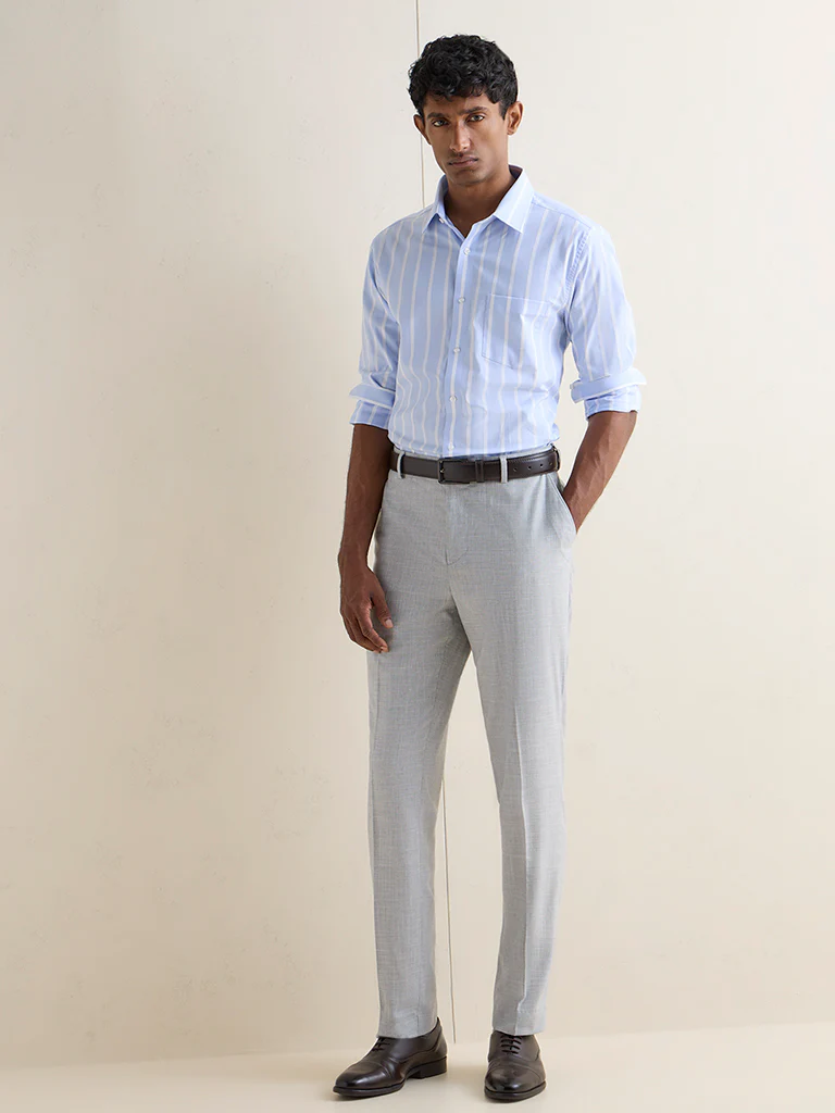 WES Formals Blue Striped Slim-Fit Cotton Shirt - Image 2