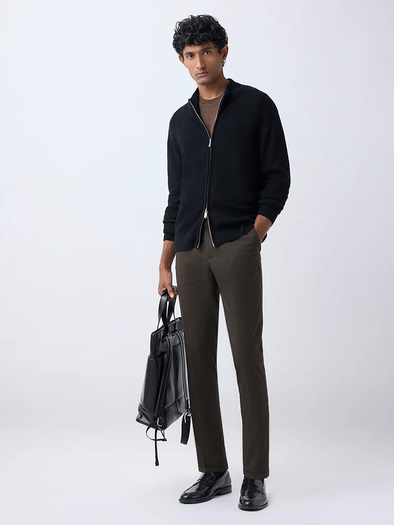 WES Formals Brown Checkered Slim-Fit Mid-Rise Trousers