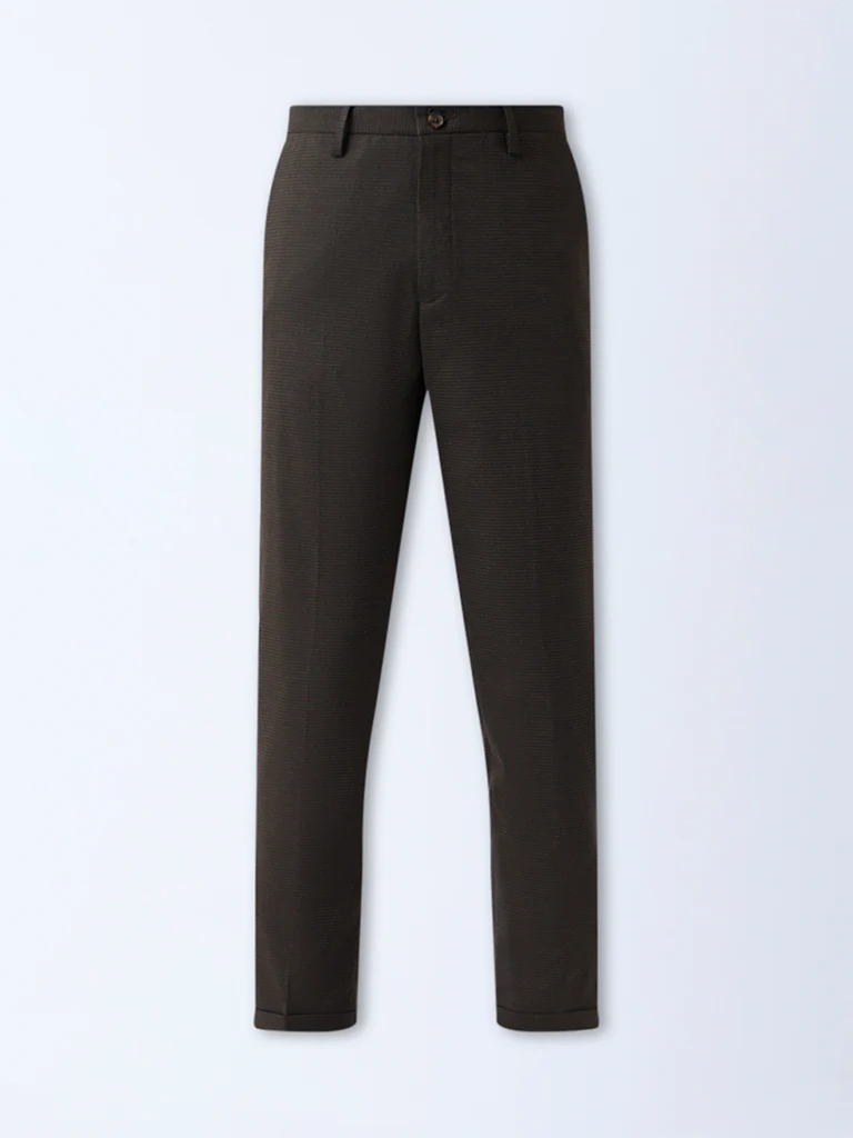 WES Formals Brown Checkered Slim-Fit Mid-Rise Trousers - Image 5