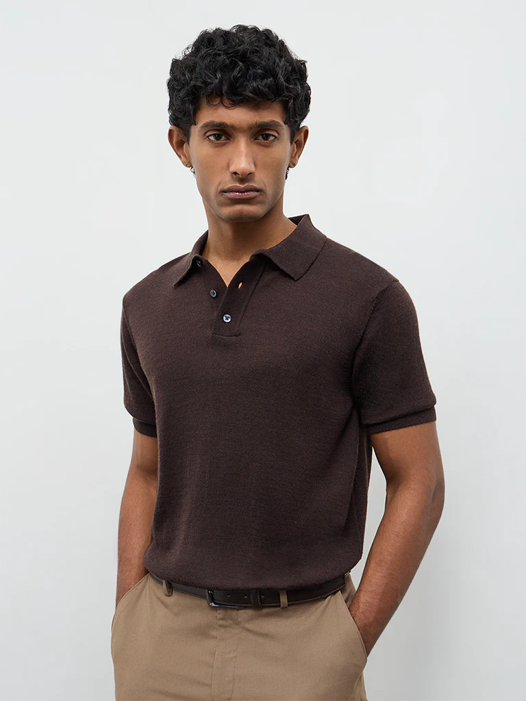 WES Formals Brown Knit-Textured Relaxed-Fit Polo T-Shirt