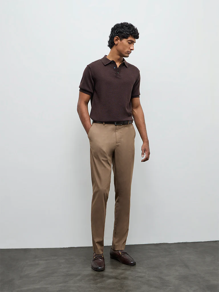 WES Formals Brown Knit-Textured Relaxed-Fit Polo T-Shirt - Image 3