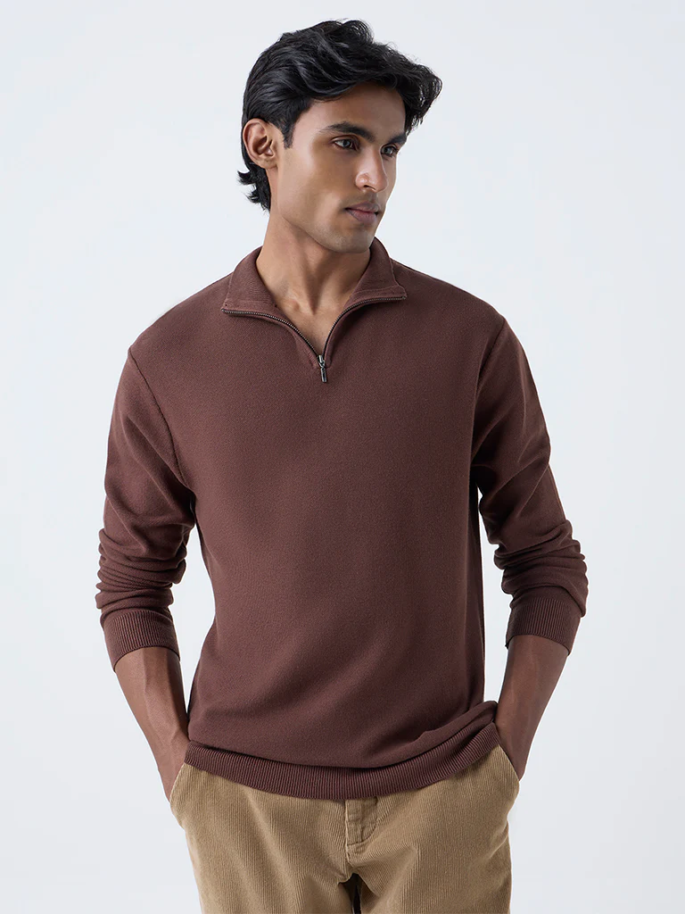 WES Formals Brown Knit-Textured Slim-Fit Quarter-Zip Sweater