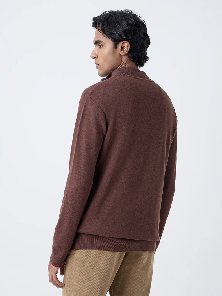 WES Formals Brown Knit-Textured Slim-Fit Quarter-Zip Sweater - Image 5