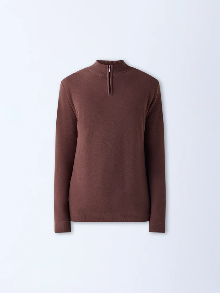 WES Formals Brown Knit-Textured Slim-Fit Quarter-Zip Sweater - Image 6
