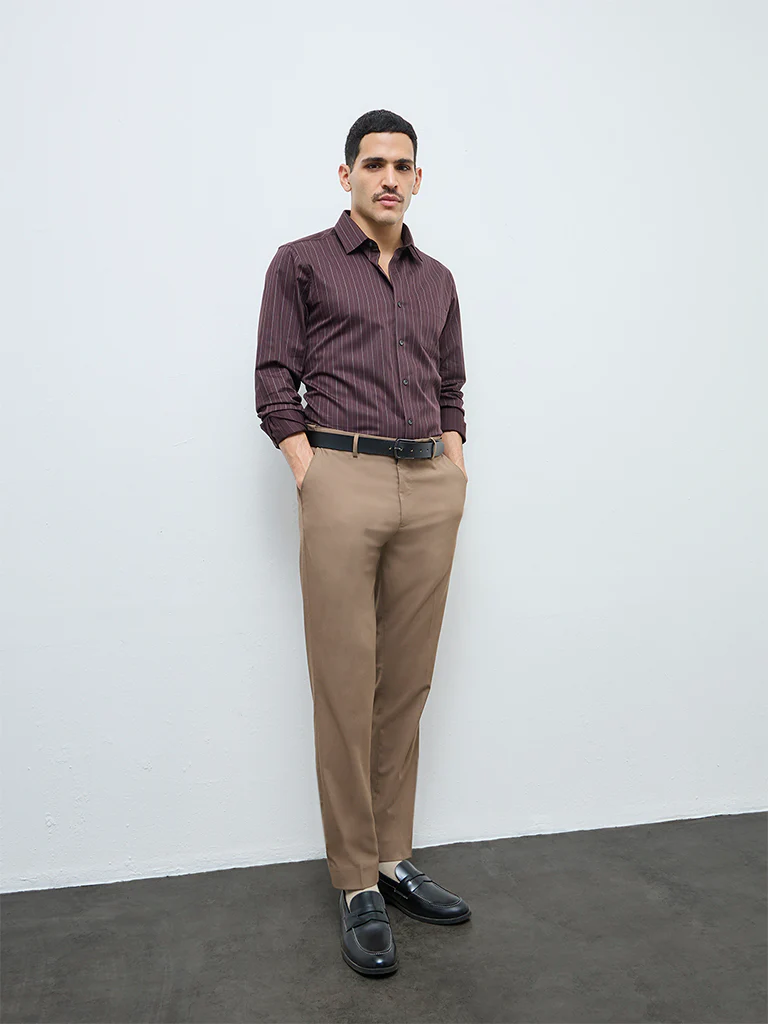 WES Formals Brown Pinstripe Slim-Fit Cotton Shirt - Image 2
