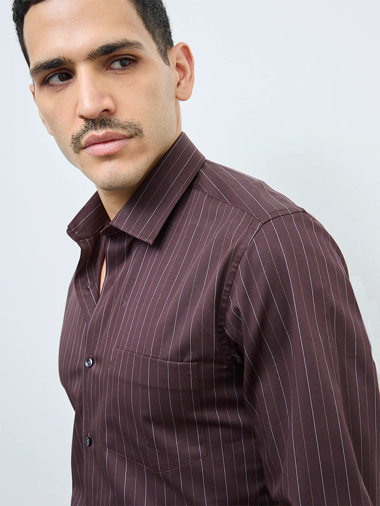 WES Formals Brown Pinstripe Slim-Fit Cotton Shirt - Image 3