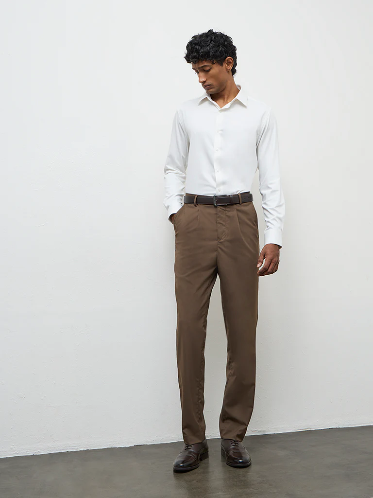 WES Formals Brown Relaxed-Fit Mid-Rise Trousers
