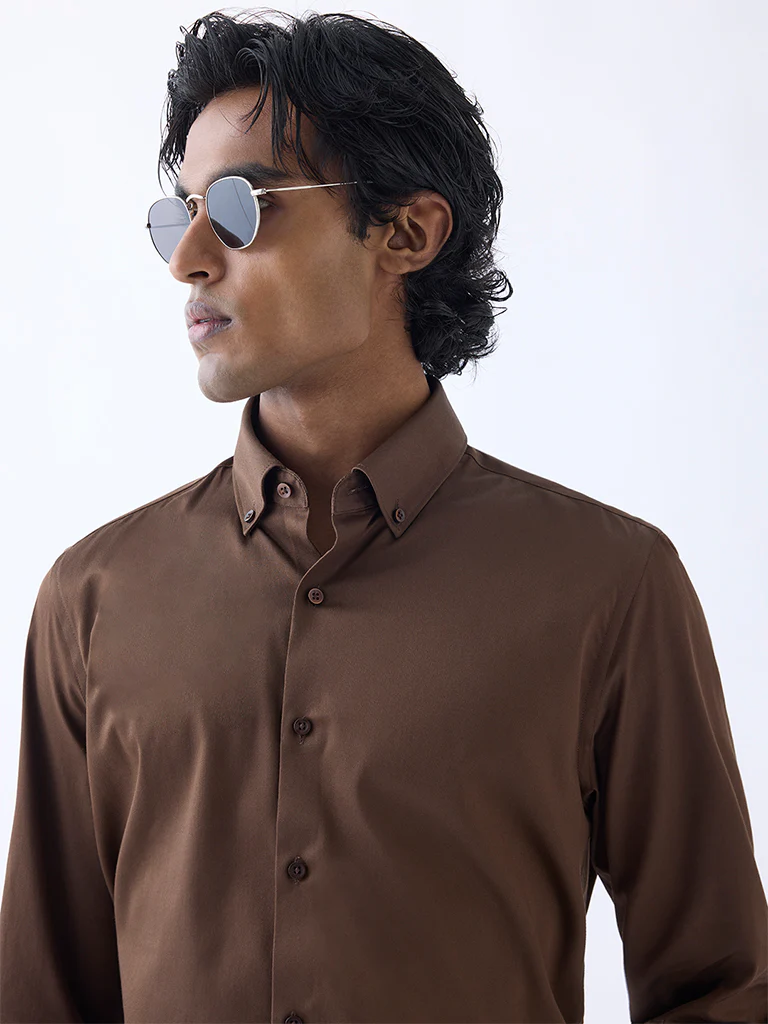 WES Formals Brown Slim-Fit Cotton-Blend Shirt - Image 2