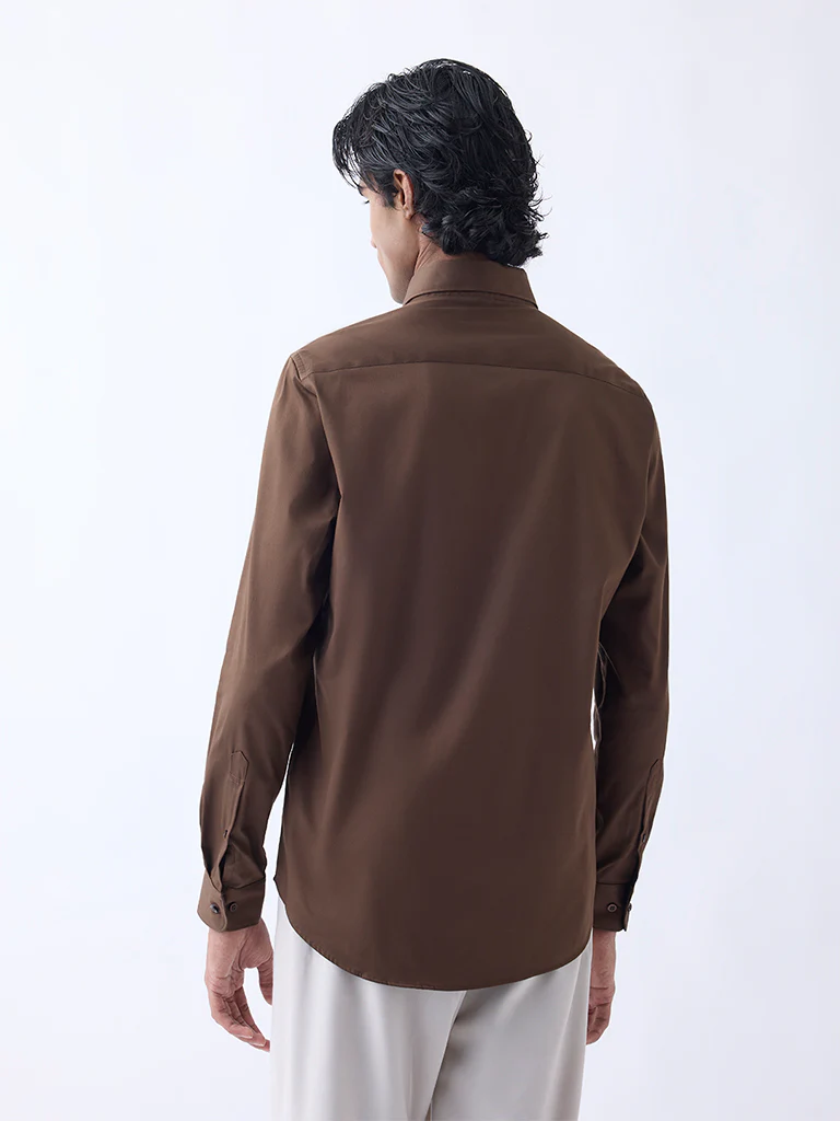 WES Formals Brown Slim-Fit Cotton-Blend Shirt - Image 4