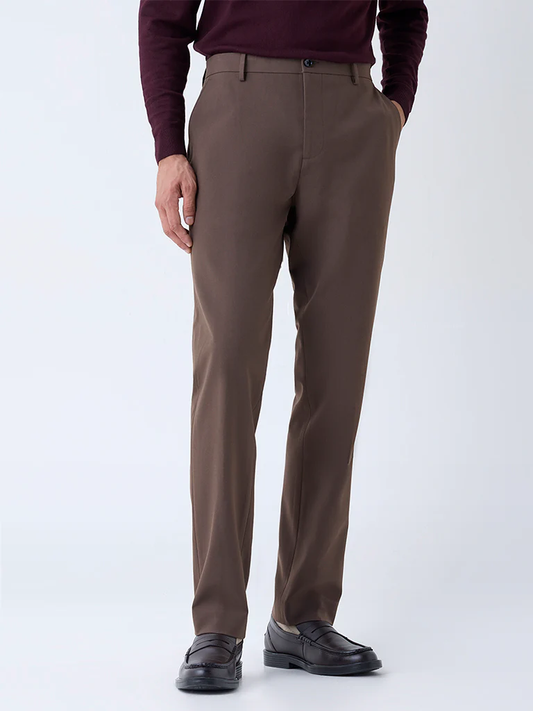 WES Formals Brown Slim-Fit Mid-Rise Trousers - Image 2