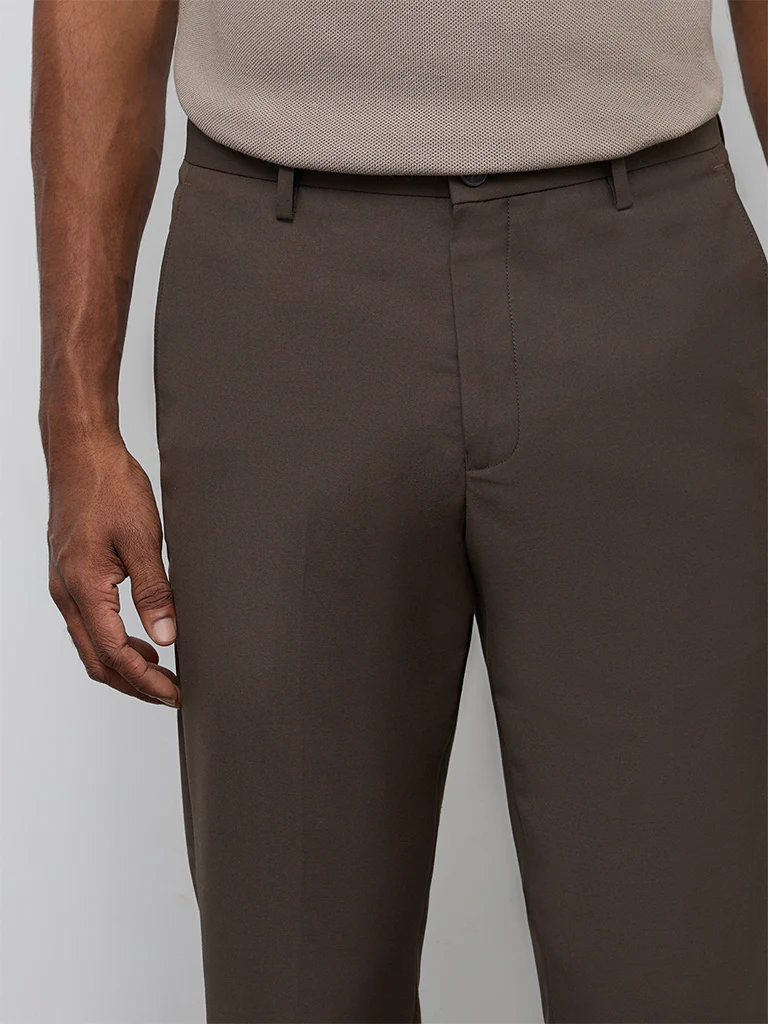 WES Formals Brown Slim-Fit Mid-Rise Trousers - Image 3