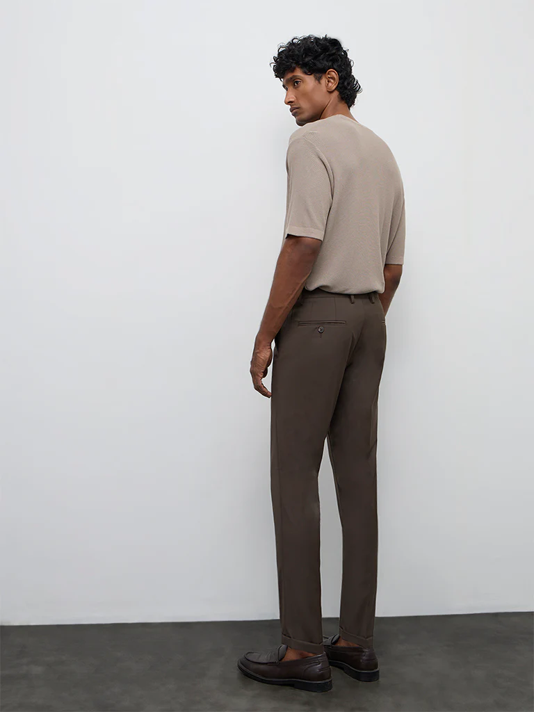 WES Formals Brown Slim-Fit Mid-Rise Trousers - Image 4