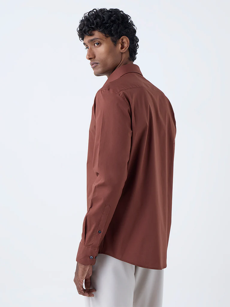 WES Formals Brown Solid Ultra Slim Fit Cotton-Blend Shirt - Image 5