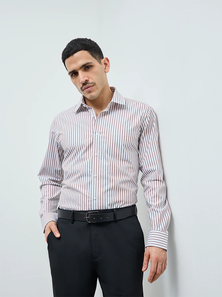 WES Formals Brown Striped Slim-Fit Cotton Shirt